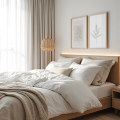 Obraz premium Soft Focus Cozy Bedroom Interior with Natural Light and Minimalist Deco