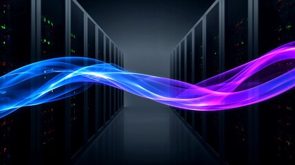 an abstract image showing a digital data flow and server room. The image creates a sense of cutting-edge technology and connectivity
