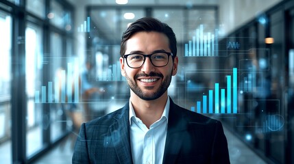 a smiling businessman with glasses standing in a modern office with charts. He appears confident and successful, with business charts overlaid in the background