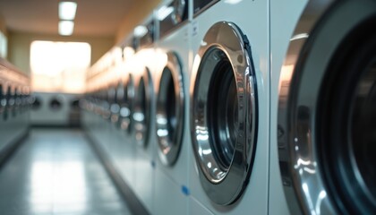 Long row of modern white industrial washing machines in public laundromat. Front load washers with shiny chrome doors. Clean facility ready for clothes, textiles, linens. Offers daily chore solution,