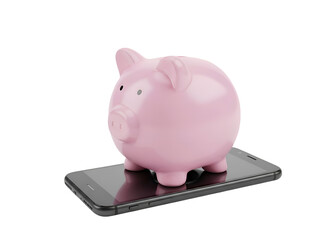 Digital Savings: Pink Piggy Bank on Smartphone for Mobile Finance on white background