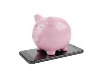 Digital Savings: Pink Piggy Bank on Smartphone for Mobile Finance on white background