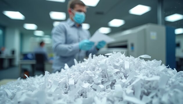 Worker wears mask gloves shreds paper documents in office. Pile of shredded paper in foreground. Secure information handling data privacy protection concepts.