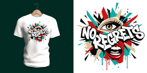 This vector T-shirt displays graffiti lettering reading “No Regrets,” combined with an expressive eye, bold lips, radiant bursts, and dripping paint. The vibrant shapes and layered textures create