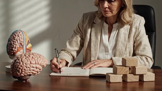Businesswoman studies a brain model and stacks wooden blocks while notes on a desk during focus time