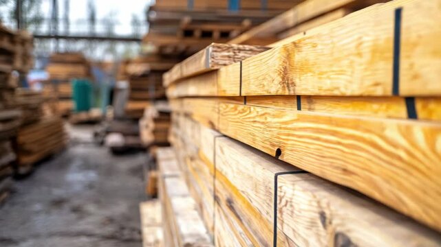 Spacious warehouse with stacked wooden planks and beams showing rich grain and texture, raw lumber stored and ready for construction, carpentry, or industrial use
