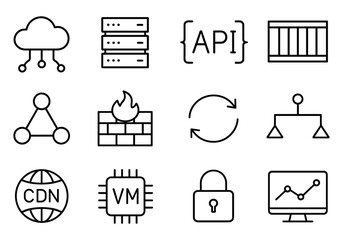 Cloud computing and network icon set featuring api, cdn, and security symbols