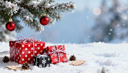 Joyful Christmas holiday with red gift and present under festive winter tree branch in outdoor snow scene