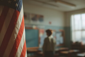 Teacher stands in classroom with USA flag visible in background highlighting dedication to education and love for country in modern American schools