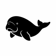 Black and white illustration of a friendly manatee swimming.