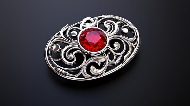 Precious ruby jewelry brooch with intricate silver filigree. This ornate oval design evokes feeling of vintage passion