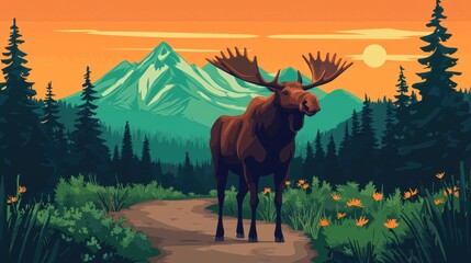 Naklejka premium A majestic moose stands on a path surrounded by lush greenery and mountains, under a vibrant sunset sky.