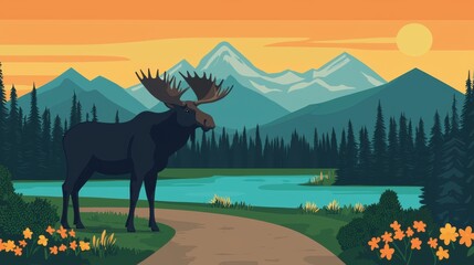 Fototapeta premium A majestic moose stands by a serene lake, surrounded by mountains and forests, under a sunset sky, creating a tranquil natural scene.