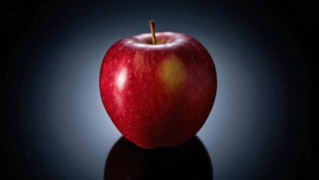 A single ripe red apple with a stem on a dark reflective surface.