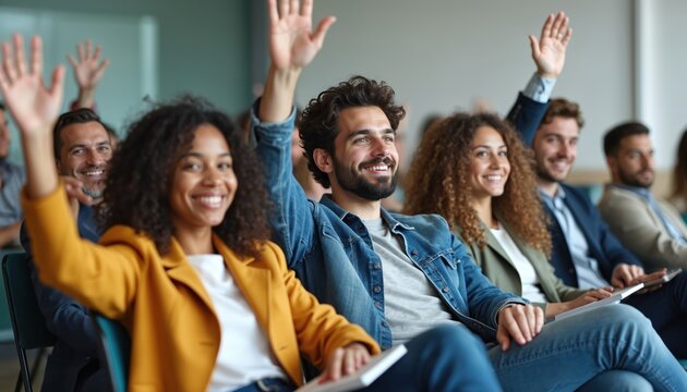 Diverse smiling young people raise hands in modern conference room. Audience actively participates, asking questions during business seminar workshop. Students engage with speaker, learning new