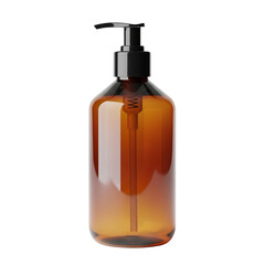 Amber glass bottle with pump dispenser for cosmetic products isolated on transparent background