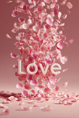 Pink rose petals falling with love text in romantic Valentine setting