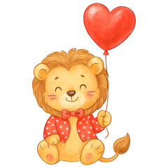 Fototapeta premium A cute cartoon lion cub in a white jacket with red polka dots and a butterfly, holding a red heart-shaped ball in his paw. Perfect for a children's or holiday theme