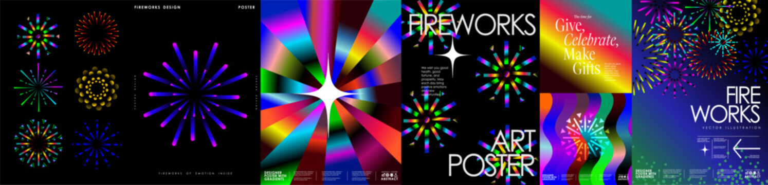 Abstract fireworks. Vector modern neon geometric illustrations of fireworks, gradient, sky, pattern, and celebration for poster on party, flyer, background or festive event