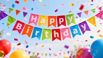 Happy Birthday Colorful Party Banner with Confetti Celebration Background