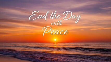 Illustration of serene beach scene at sunset with inspirational quote about peace and calmness in nature