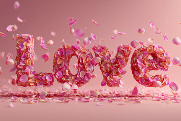 Love text made of pink rose petals with falling petals on pink background