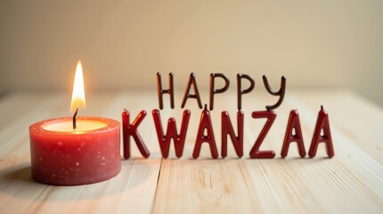 A warm red candle emits a gentle glow beside festive letters spelling 'Happy Kwanzaa'.