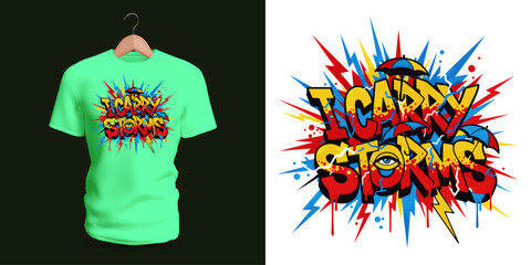Obraz premium This vector T-shirt features graffiti lettering reading “I Carry Storms,” surrounded by lightning-inspired strokes, splattered paint, jagged abstract shapes, and bold vibrant colors