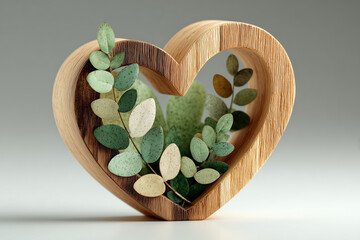 Wooden heart frame with eucalyptus branches on neutral background