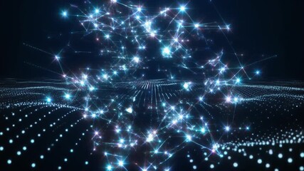 Abstract data visualization with a glowing orb over a digital particle wave landscape. - Powered by Adobe