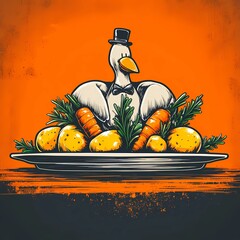 Turkey on a platter with vegetable garnishes on a Christmas table