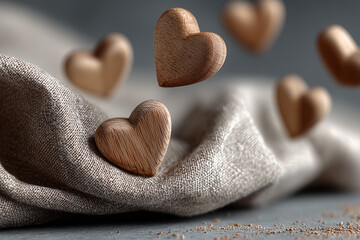 Wooden heart decorations resting on folded gray linen fabric