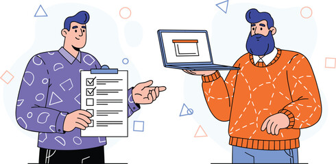 Businessmen Project Collaboration Checklist Laptop Abstract Shapes Planning Professional Vector Illustration