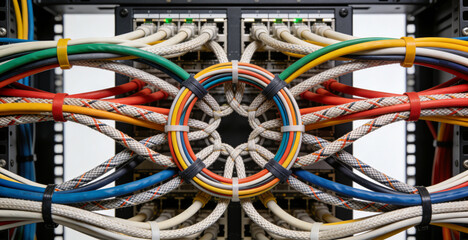 Cable Management as an Intricate Knot Art. The back of a server rack features meticulously woven network and power cables forming an artistic knot pattern against a clean white panel.