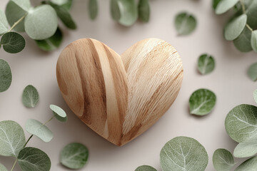 Wooden heart surrounded by eucalyptus leaves on neutral background