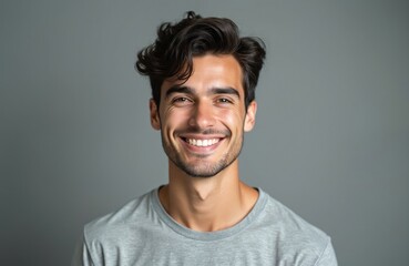 Obraz premium Young attractive man with dark wavy hair smiles broadly, showing perfect white teeth. Expresses joy, confidence. Guy in casual grey t-shirt looks straight at camera. Friendly face positive expression