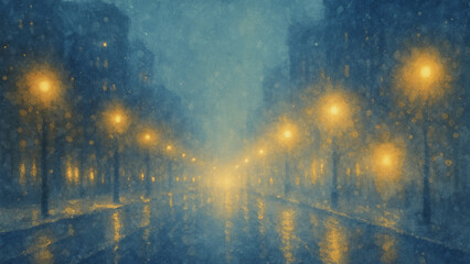 Rainy night city street with glowing lamps, watercolor style illustration
