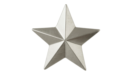 A detailed close up of a metallic silver star decoration on white background