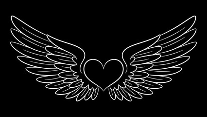 Heart with wings design featuring a elegant white outline of feathered wings and a central heart shape on black background.