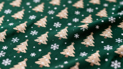 Green fabric with repeating pattern of beige Christmas trees and white snowflakes