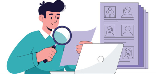 Cartoon Man Reviewing Job Applications Magnifying Glass Laptop Recruitment Hiring Vector Illustration