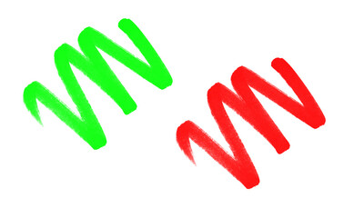 Obraz premium Two distinct hand drawn zigzag patterns in bright green and vibrant red showcasing playful and dynamic design elements on transparent background