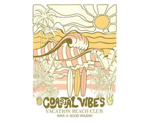 Summer vibes artwork. Sun graphic artwork. Tropical abstract art design. Surfing club artwork.  Coastal vibes design. Ocean wave artwork.