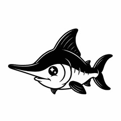 Cute Cartoon Swordfish Illustration Black and White.