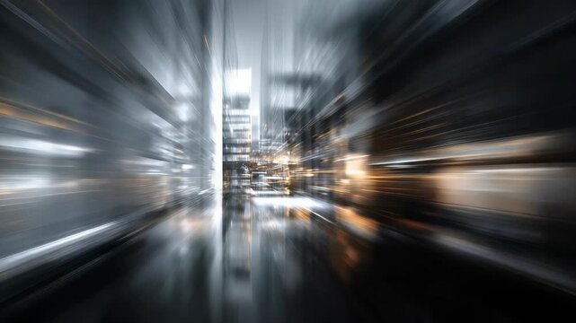 A modern city environment is depicted with vibrant motion effects and illuminated buildings, evoking a high tech, fast paced atmosphere. The image captures energy, progress, and futuristic design