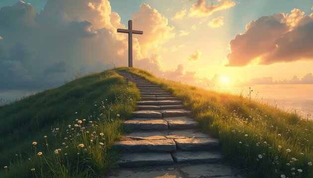 Stone steps ascend grassy hill to Christian cross under warm sunset sky. Calm ocean water glistens beside path. Symbolizes faith, hope and spiritual journey. Serene landscape view.