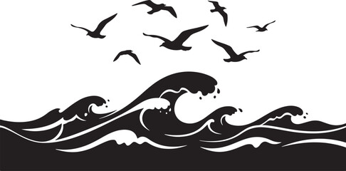Naklejka premium black silhouette of ocean waves and birds on white background, vector