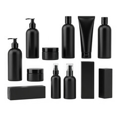 Collection of black cosmetic bottles and containers isolated on transparent background