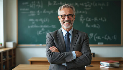 Smiling senior teacher with grey beard, glasses stands in classroom. Confident mature professor poses with arms crossed near blackboard with math formulas. Elderly male educator at university
