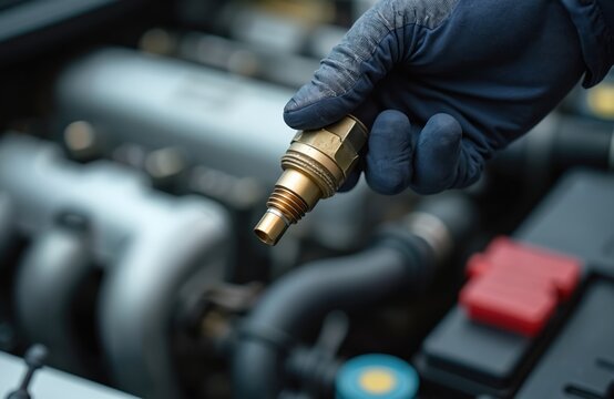 Mechanic in protective glove holds car oxygen sensor over engine bay. Auto service worker inspects new lambda probe part for vehicle repair. Technician diagnostic of exhaust gas component for